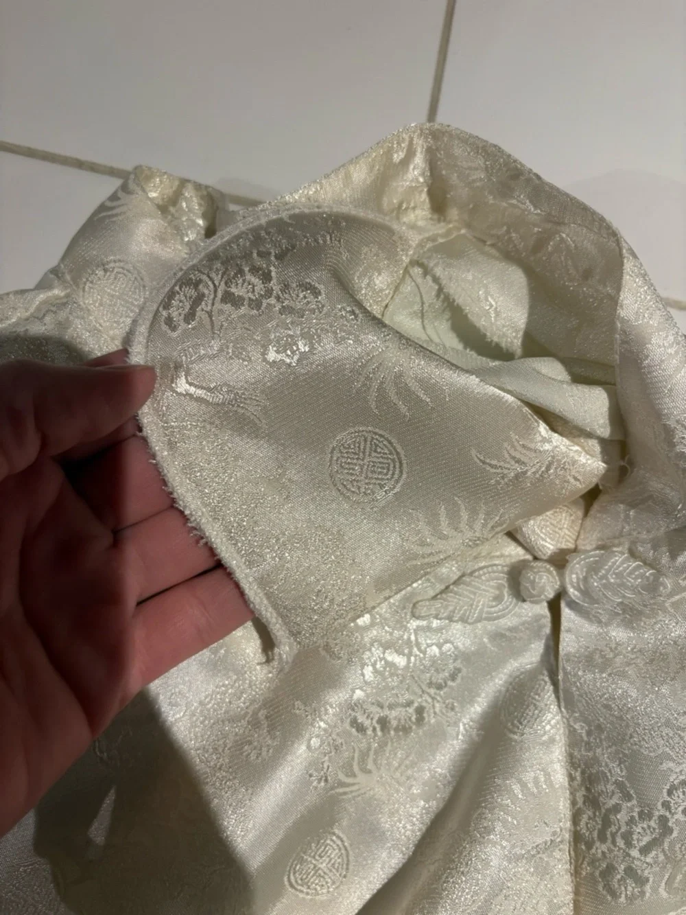 Thai Silk Weave Quality Ivory Short-Sleeve Blouse Mandarin Collar Brocade Fabric - Picture 9 of 9